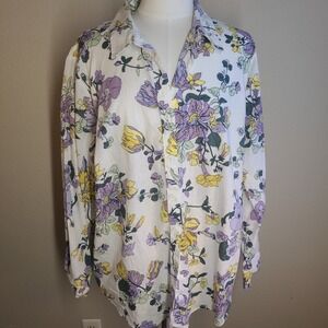 Liz Claiborne 2X Linen Blend Tunic Floral Print Button Up Long Sleeve